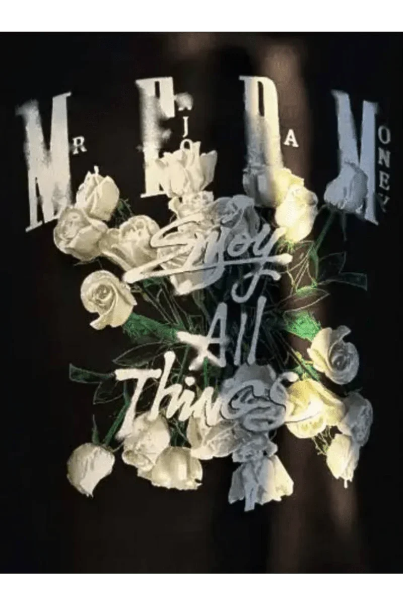 MEDM White Rose Embroidery Tee black shirt with white embroidered roses and Enjoy Da Money text
