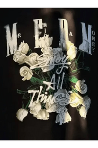 MEDM White Rose Embroidery Tee black shirt with white embroidered roses and Enjoy Da Money text