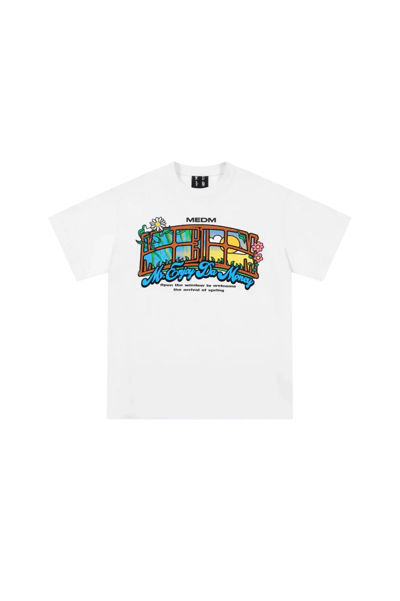 White MEDM Window Spring Tee by Mr Enjoy Da Money featuring colorful window graphic and brand logo