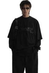 Masonprince Vintage Patch Tee in black worn by male model with sunglasses and layered sleeves