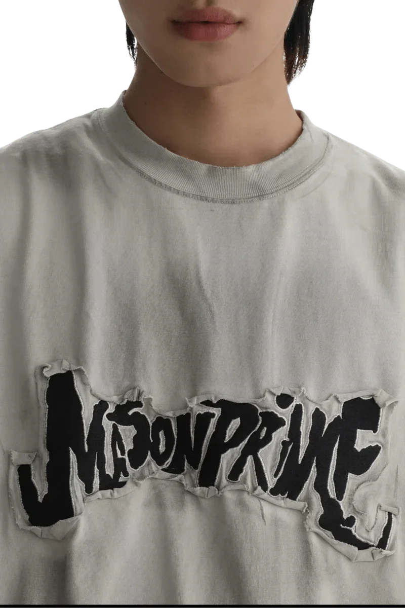 Masonprince Vintage Patch Tee in light gray with bold black distressed logo patch on chest