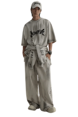 Masonprince Vintage Patch Tee worn by model with matching pants and cap in gray tones