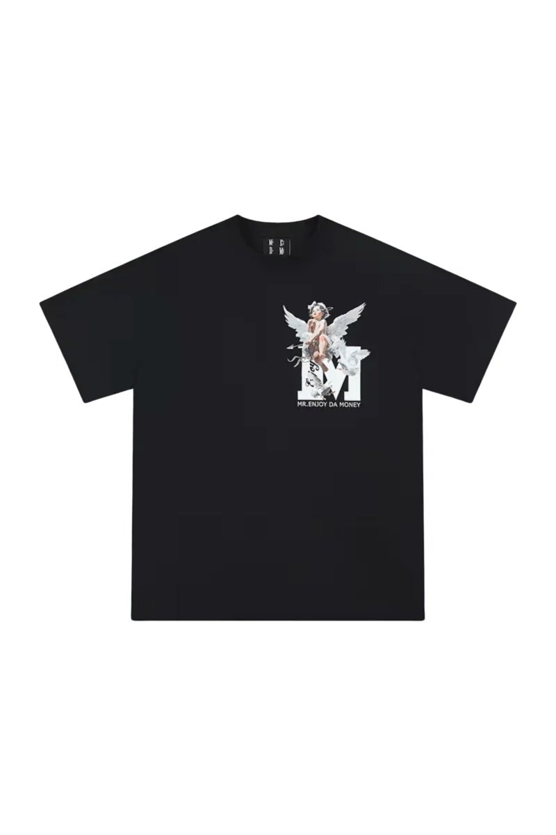 Mr Enjoy Da Money SS24 Colored Angel Series Print Tee in black featuring a colorful angel graphic
