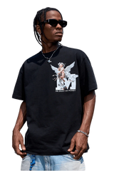 SS24 Colored Angel Series Print Tee in Black featuring unique angel graphic design by Mr Enjoy Da Money