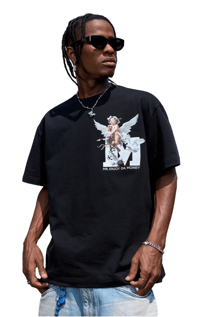 SS24 Colored Angel Series Print Tee in Black featuring unique angel graphic design by Mr Enjoy Da Money