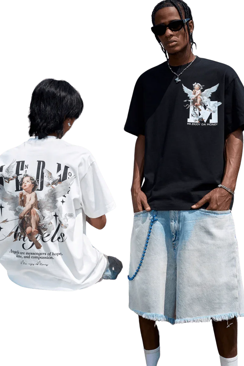 Mr Enjoy Da Money SS24 Colored Angel Series Print Tee in black and white with unique angel graphic design