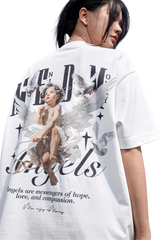 SS24 Colored Angel Series Print Tee featuring angel graphics and inspiration text on a white background