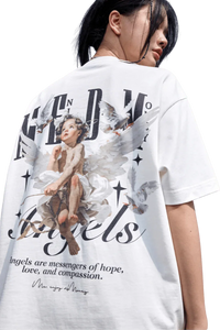 SS24 Colored Angel Series Print Tee featuring angel graphics and inspiration text on a white background