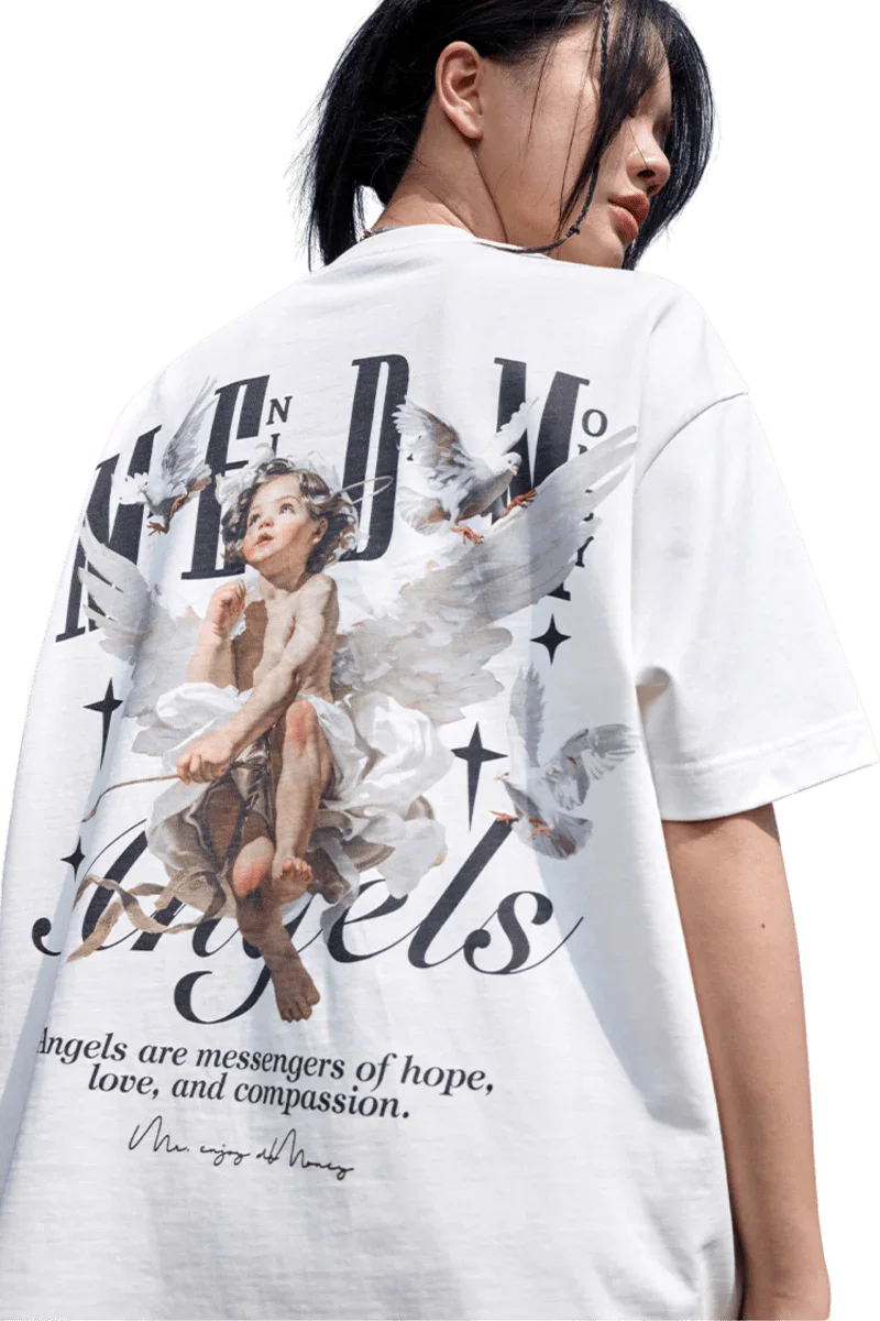 SS24 Colored Angel Series Print Tee featuring angel graphics and inspiration text on a white background