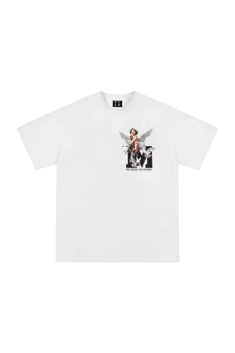 Mr Enjoy Da Money SS24 Colored Angel Series Print Tee in white with striking graphic design
