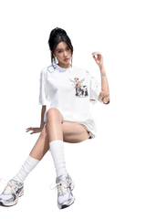 Model wearing SS24 Colored Angel Series Print Tee in white, paired with stylish sneakers and knee-high socks