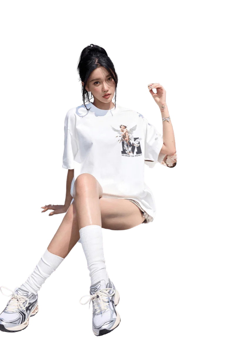 Model wearing SS24 Colored Angel Series Print Tee in white, paired with stylish sneakers and knee-high socks
