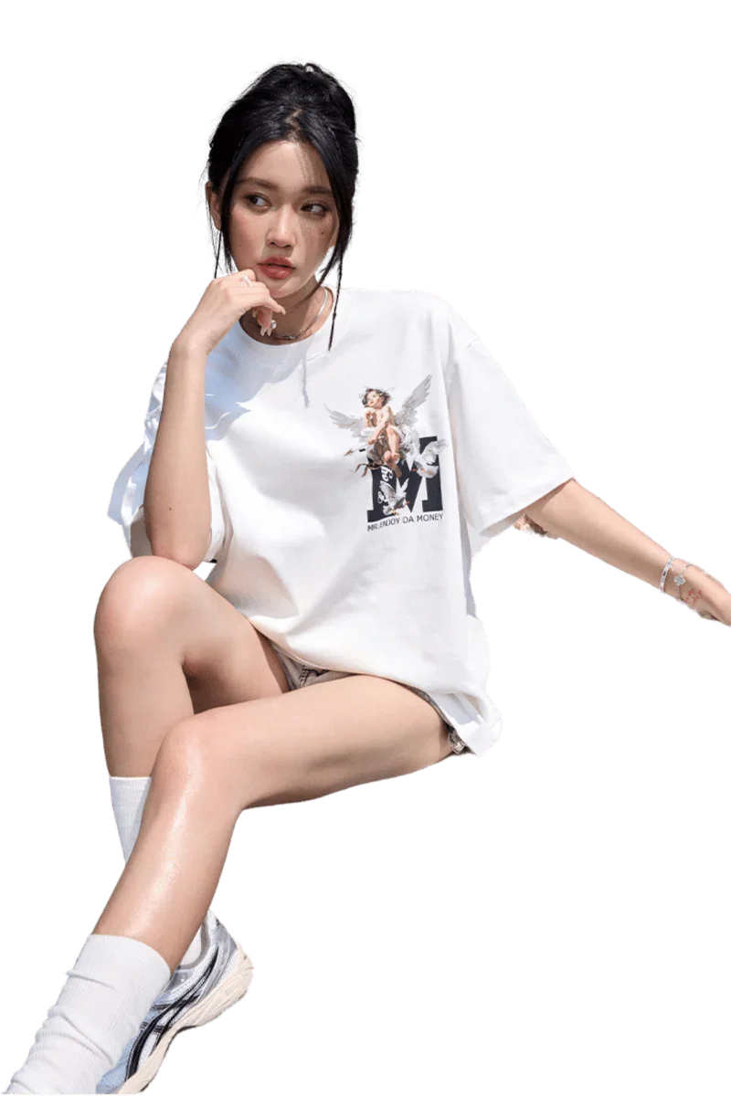 SS24 Colored Angel Series Print Tee by Mr Enjoy Da Money featuring a stylish angel graphic design