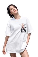 Model wearing SS24 Colored Angel Series Print Tee in white with graphic design for a stylish look