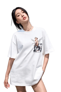 Model wearing SS24 Colored Angel Series Print Tee in white with graphic design for a stylish look