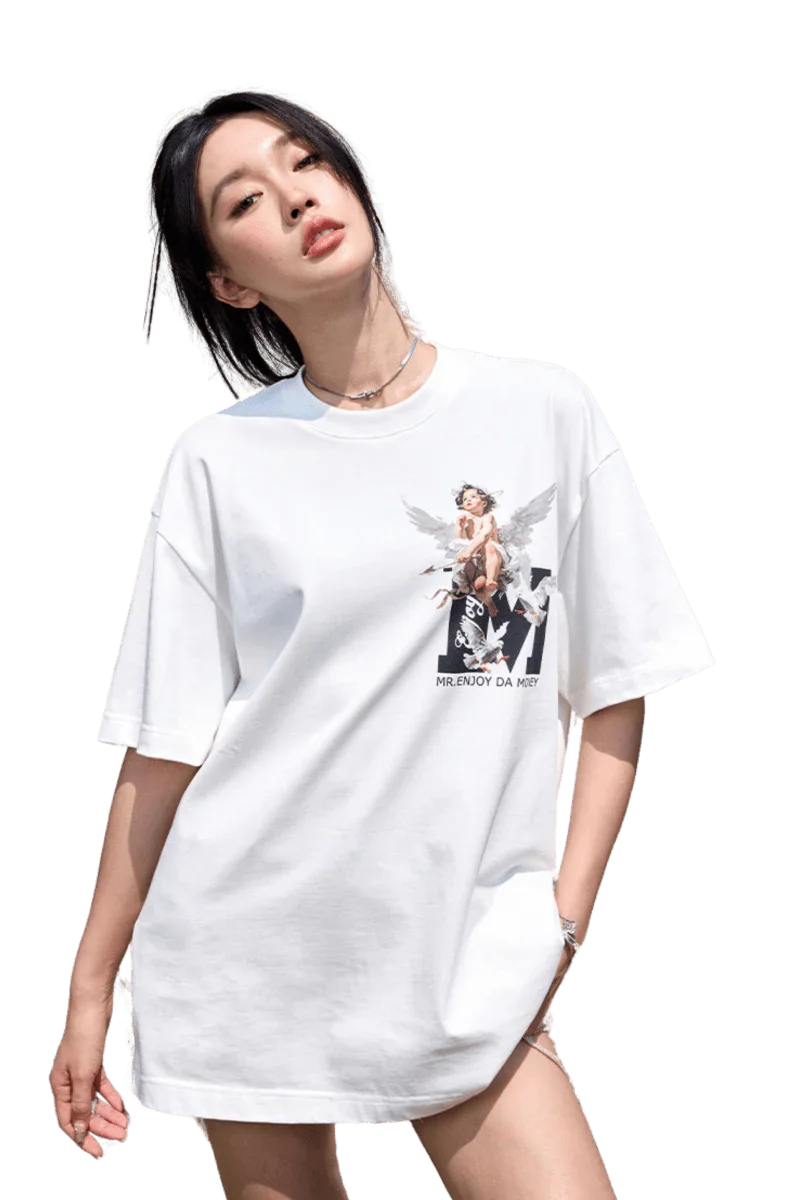 Model wearing SS24 Colored Angel Series Print Tee in white with graphic design for a stylish look