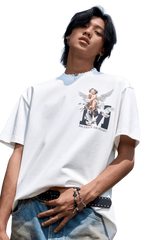 Model wearing SS24 Colored Angel Series Print Tee in white featuring artistic design from Mr Enjoy Da Money