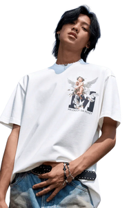 Model wearing SS24 Colored Angel Series Print Tee in white featuring artistic design from Mr Enjoy Da Money
