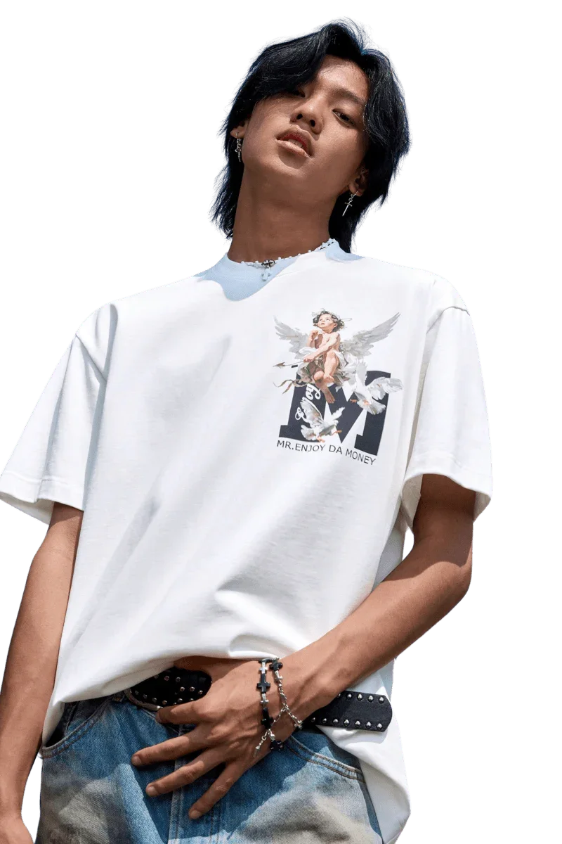 Model wearing SS24 Colored Angel Series Print Tee in white featuring artistic design from Mr Enjoy Da Money