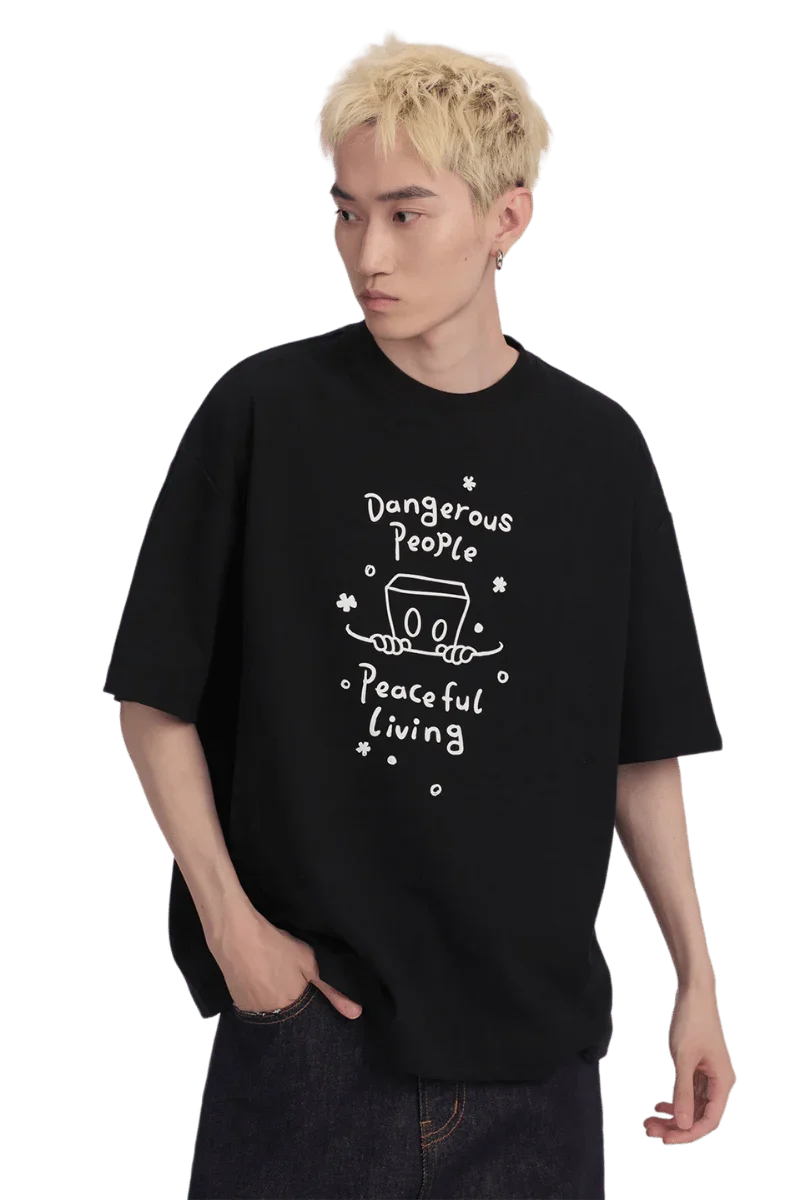 Dangerous People Peaceful Living Hand Painted Tee in black featuring unique graphic design