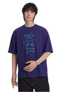 Dangerous People Peaceful Living Hand Painted Tee in purple with unique cartoon design
