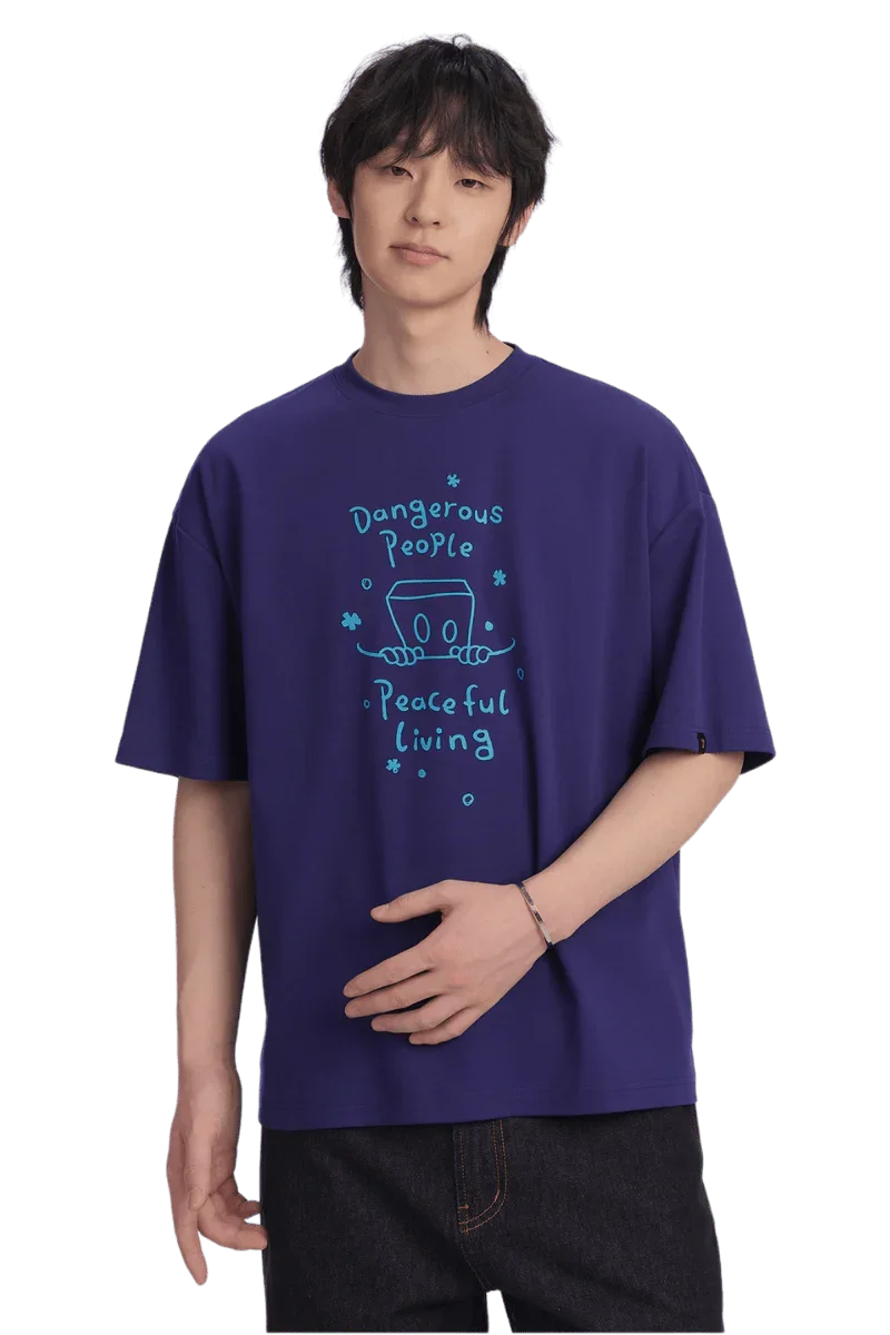 Dangerous People Peaceful Living Hand Painted Tee in purple with unique cartoon design