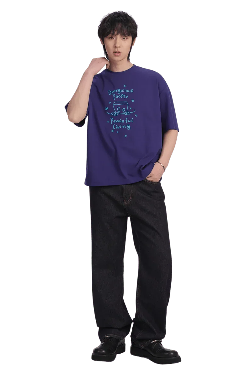 Dangerous People Peaceful Living Hand Painted Tee in Purple with Casual Style and Comfortable Fit