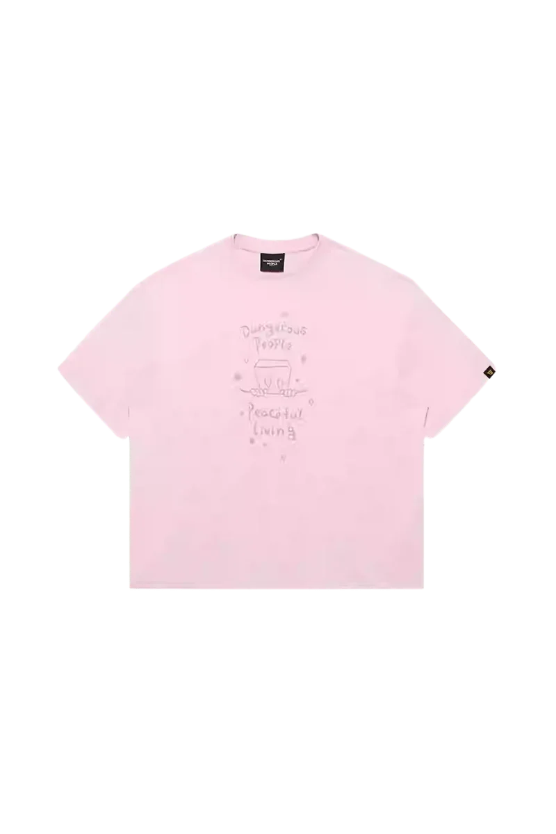 Dangerous People Peaceful Living Hand Painted Tee in light pink with unique graphic design