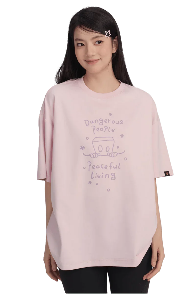 Dangerous People Peaceful Living Hand Painted Tee in soft pink featuring a unique artistic design