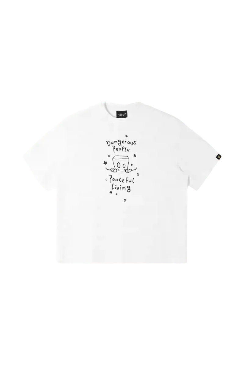 Dangerous People Peaceful Living Hand Painted Tee in white with graphic design