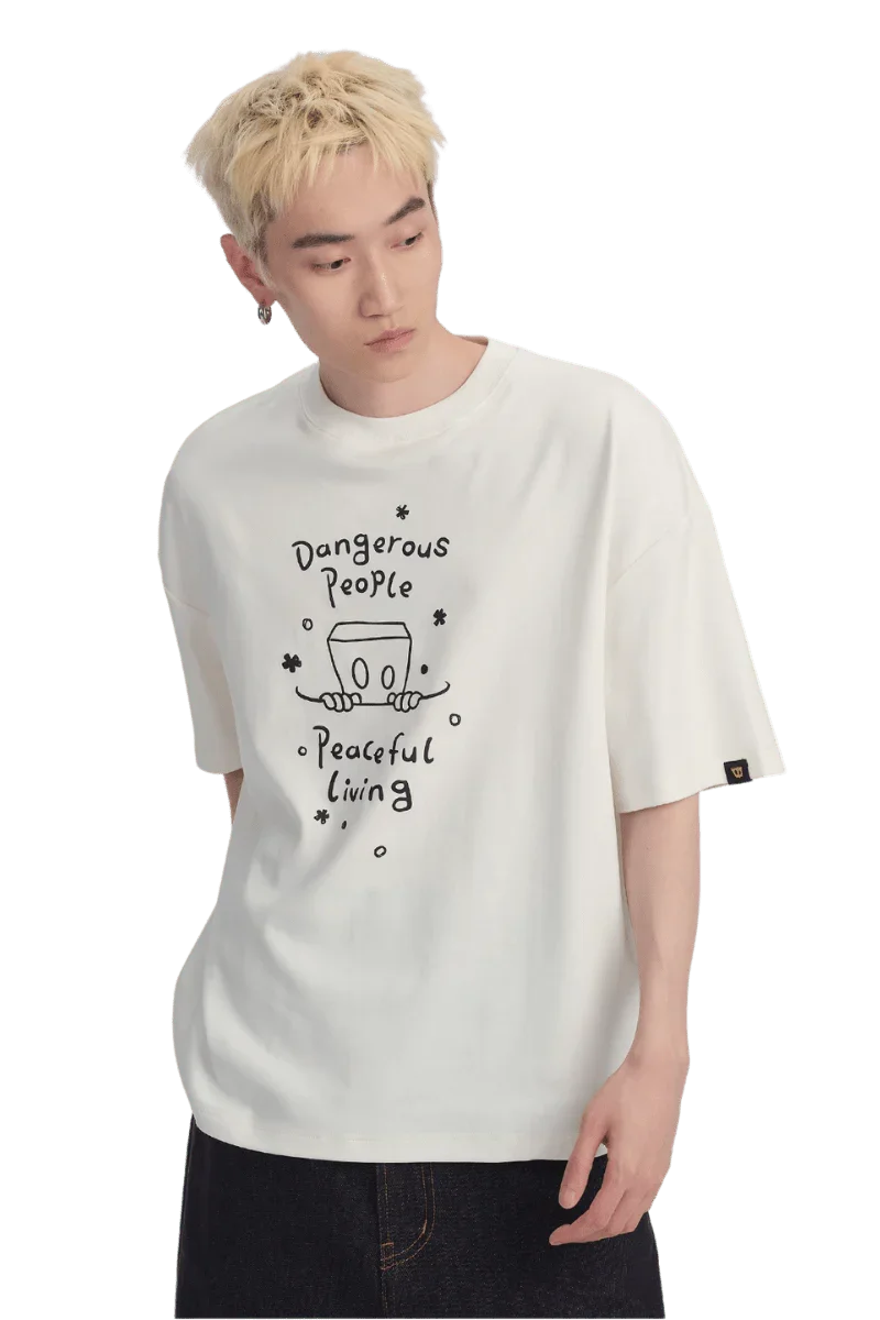 Dangerous People Peaceful Living Hand Painted Tee in white with unique graphic design for casual wear