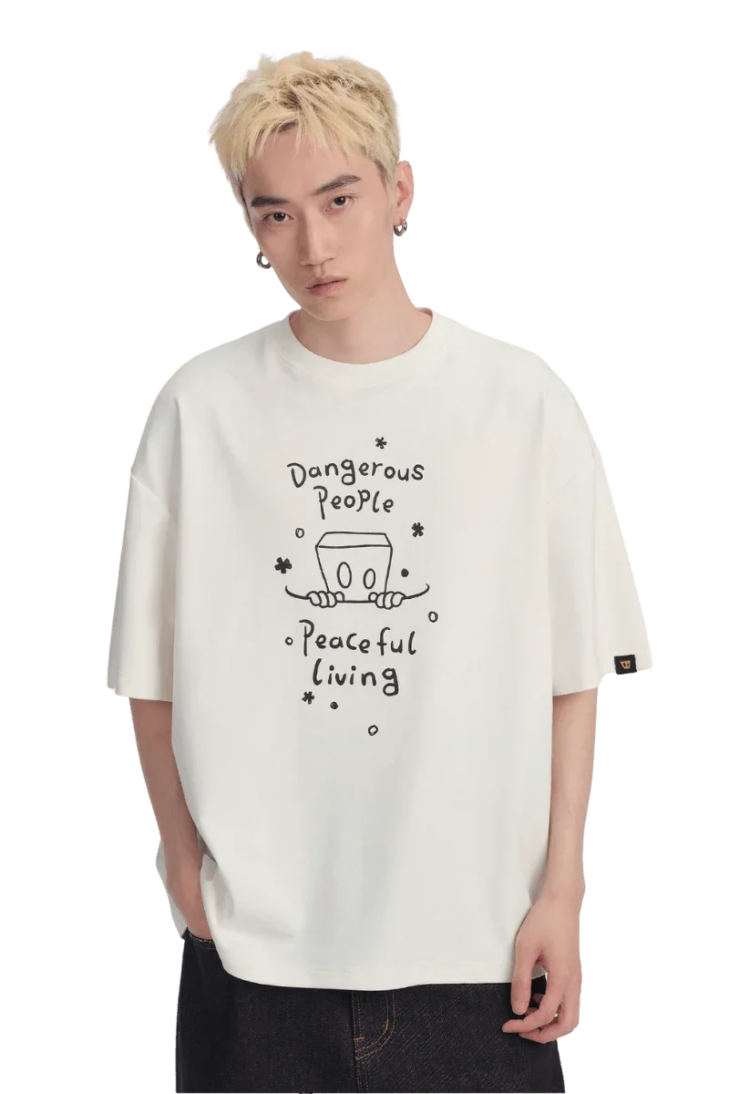 Dangerous People Peaceful Living Hand Painted Tee in white with unique graphic design