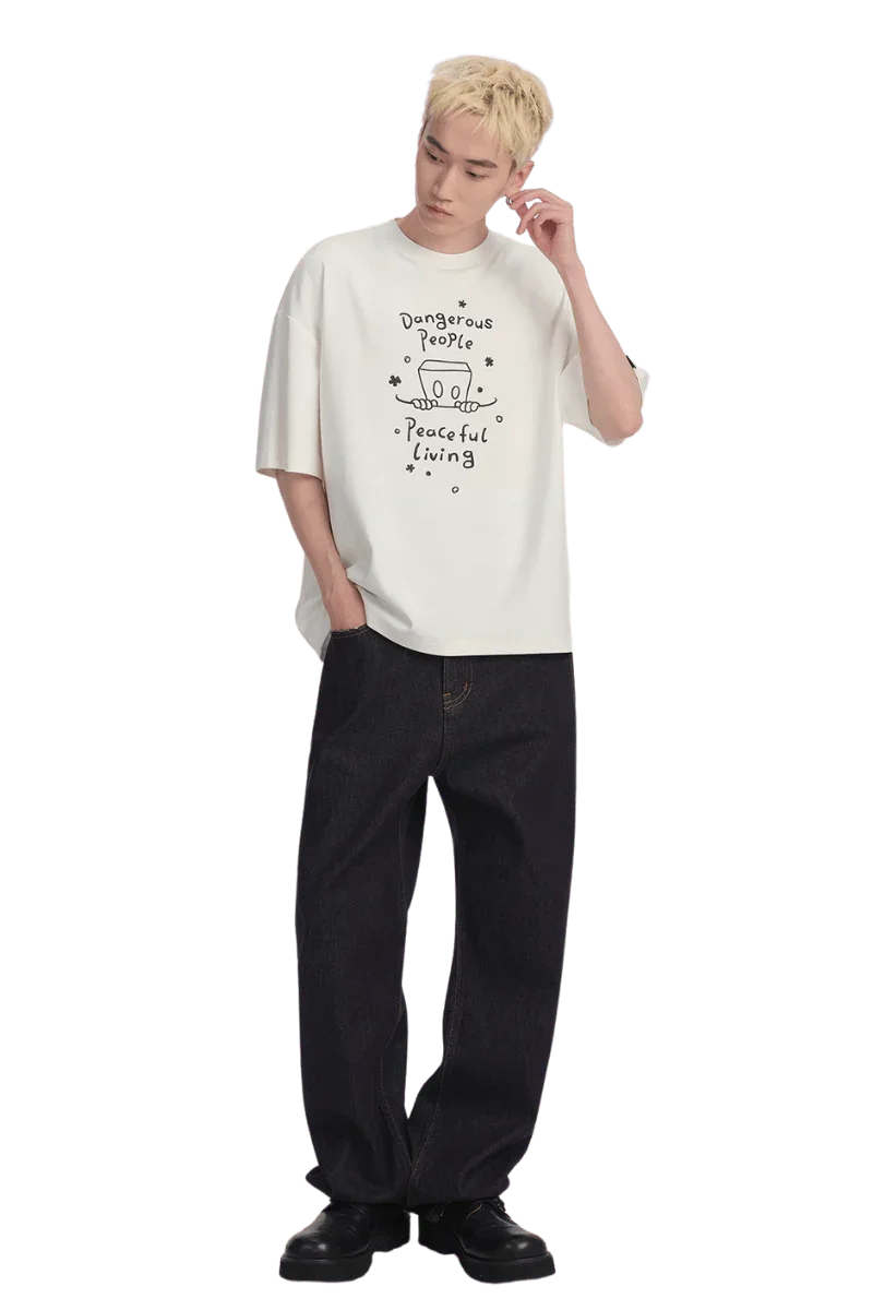 Dangerous People Peaceful Living Hand Painted Tee in white with artistic design and relaxed fit