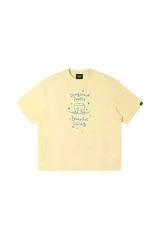 Dangerous People Peaceful Living Hand Painted Tee in soft yellow with artistic blue design
