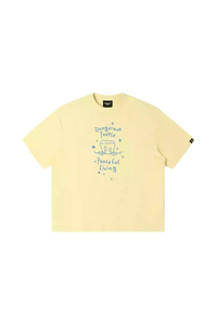 Dangerous People Peaceful Living Hand Painted Tee in soft yellow with artistic blue design