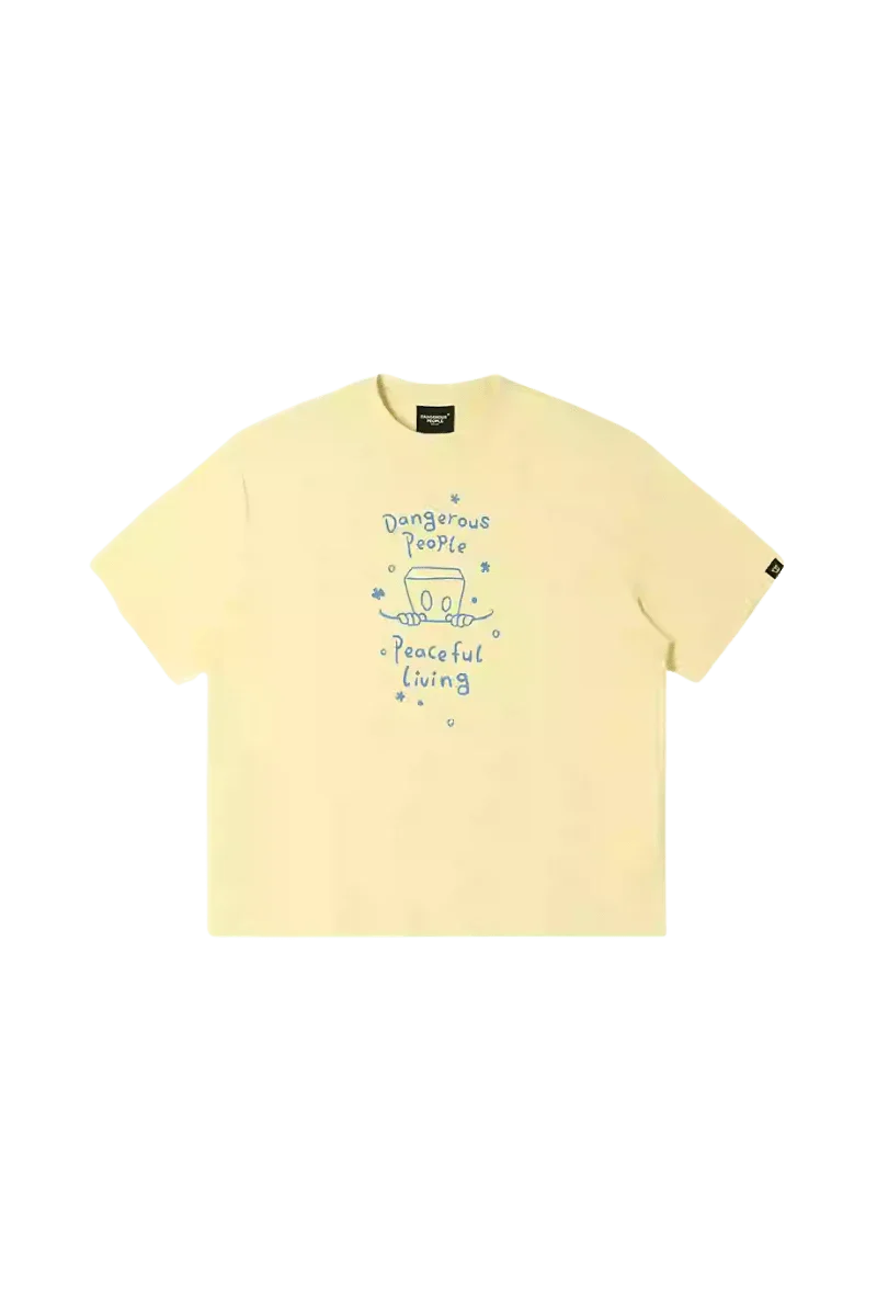 Dangerous People Peaceful Living Hand Painted Tee in soft yellow with artistic blue design