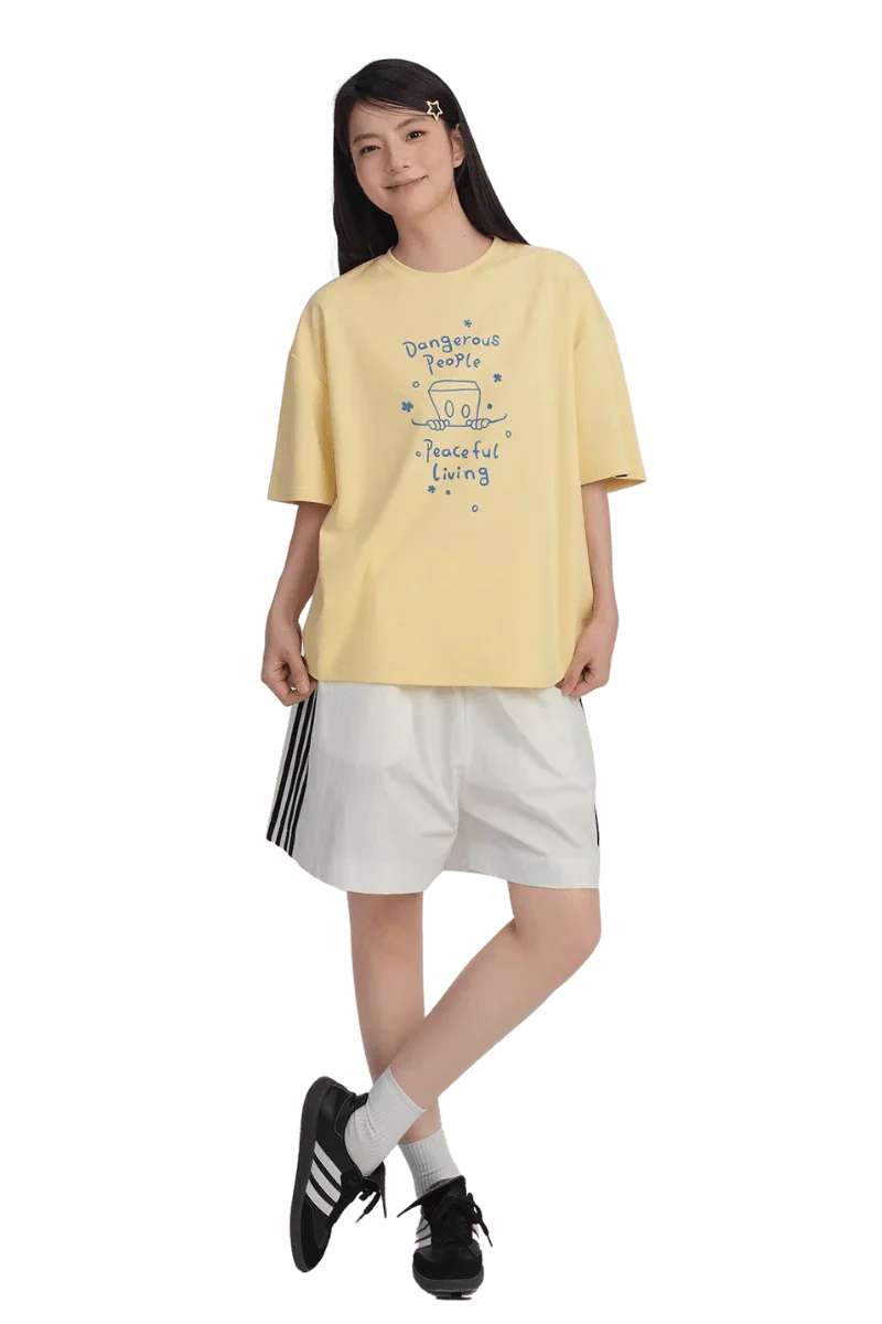 Dangerous People Peaceful Living Hand Painted Tee in Yellow with Relaxed Fit for Casual Wear
