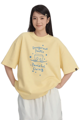 Yellow Dangerous People Peaceful Living Hand Painted Tee with fun graphic design for casual wear