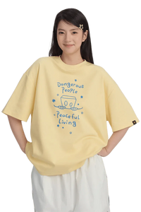 Yellow Dangerous People Peaceful Living Hand Painted Tee with fun graphic design for casual wear