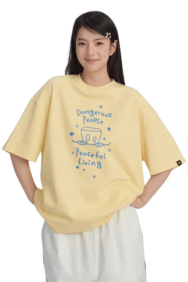Yellow Dangerous People Peaceful Living Hand Painted Tee with fun graphic design for casual wear