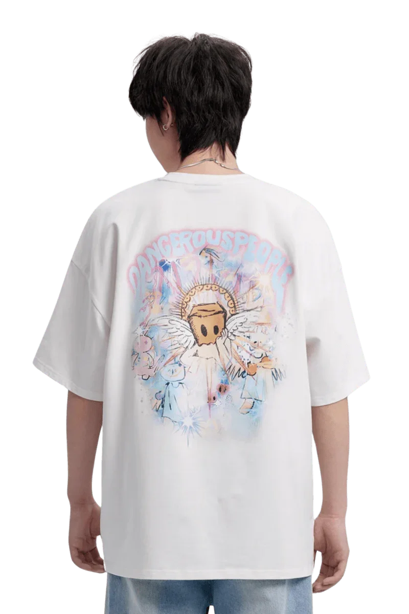Back view of Dangerous People Rainbow Angel t-shirt featuring colorful graphic design and relaxed fit