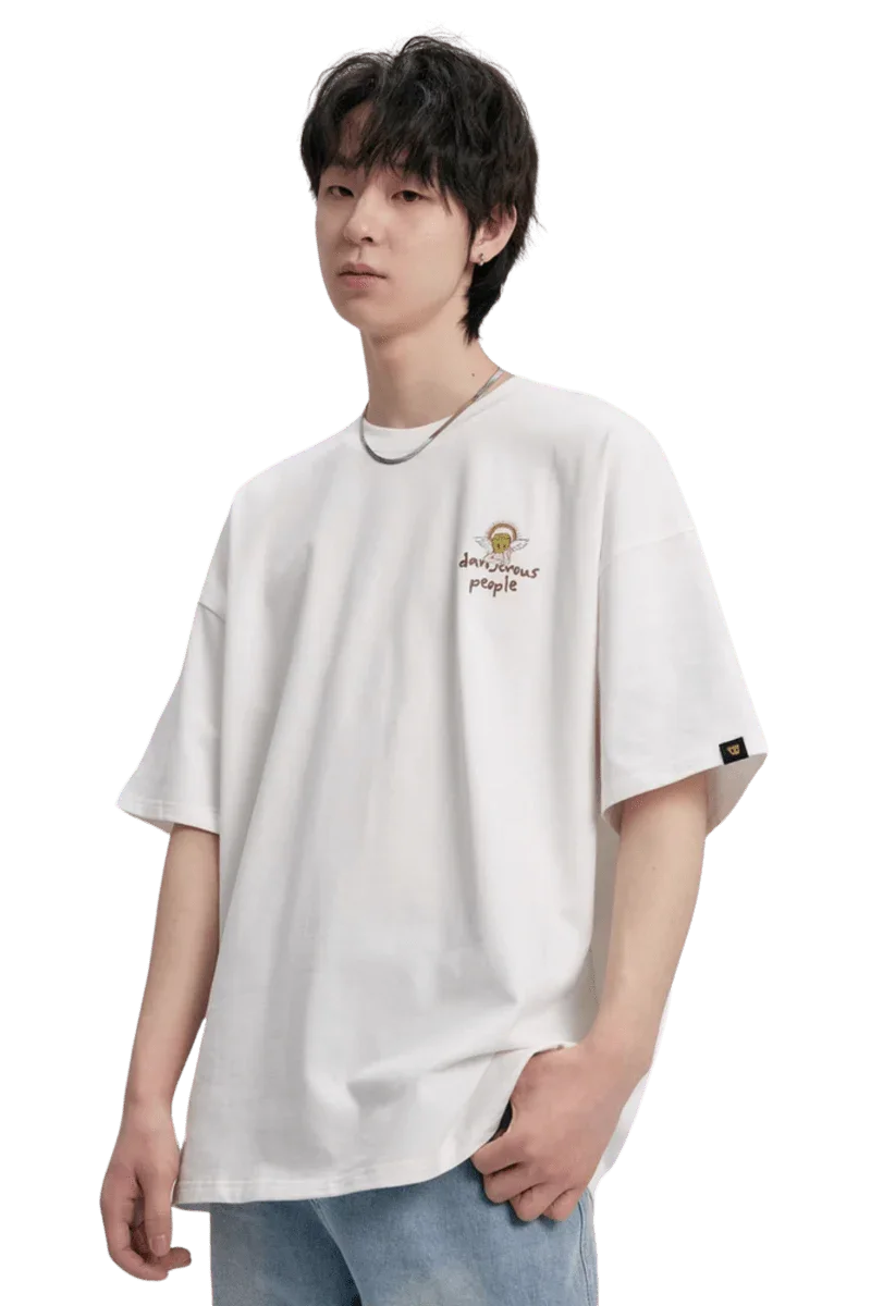 Men's white Dangerous People Rainbow Angel t-shirt with casual oversized fit and embroidered design