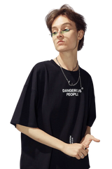 Dangerous People reflective wording t-shirt in black, styled with accessories and glasses for a modern look