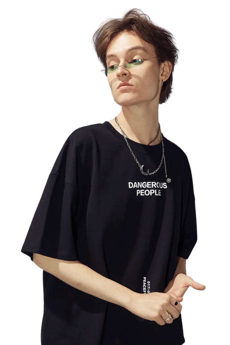 Dangerous People reflective wording t-shirt in black, styled with accessories and glasses for a modern look