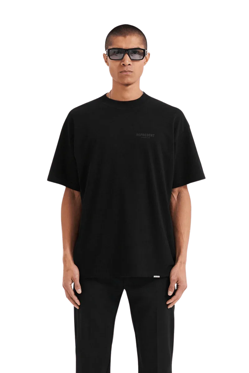 Represent Owners Club T-Shirt in Black with a relaxed fit and minimal logo detail