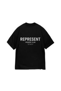 Black Represent Owners Club T-Shirt featuring bold white text on the back
