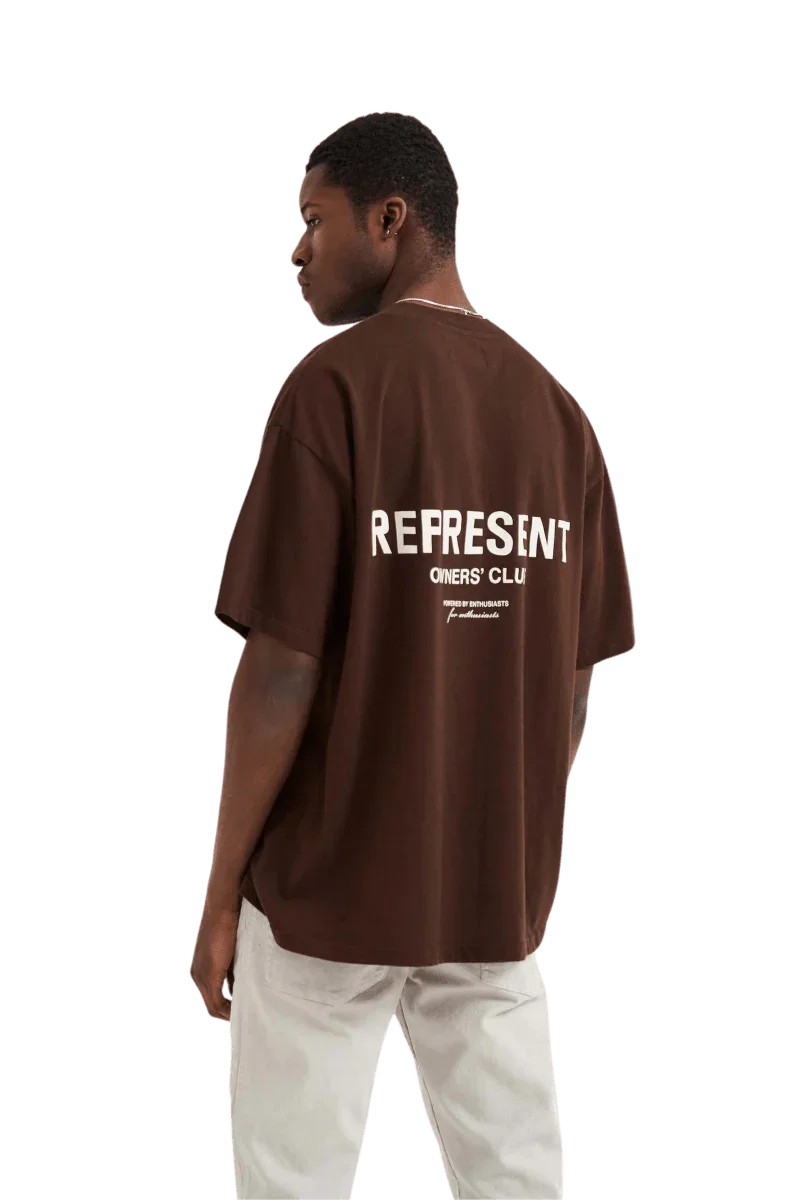 Represent Owners Club T-Shirt in brown with bold white lettering on the back