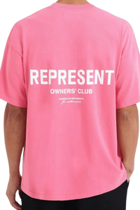 Pink Represent Owners Club T-Shirt featuring bold white lettering on the back for a trendy streetwear look