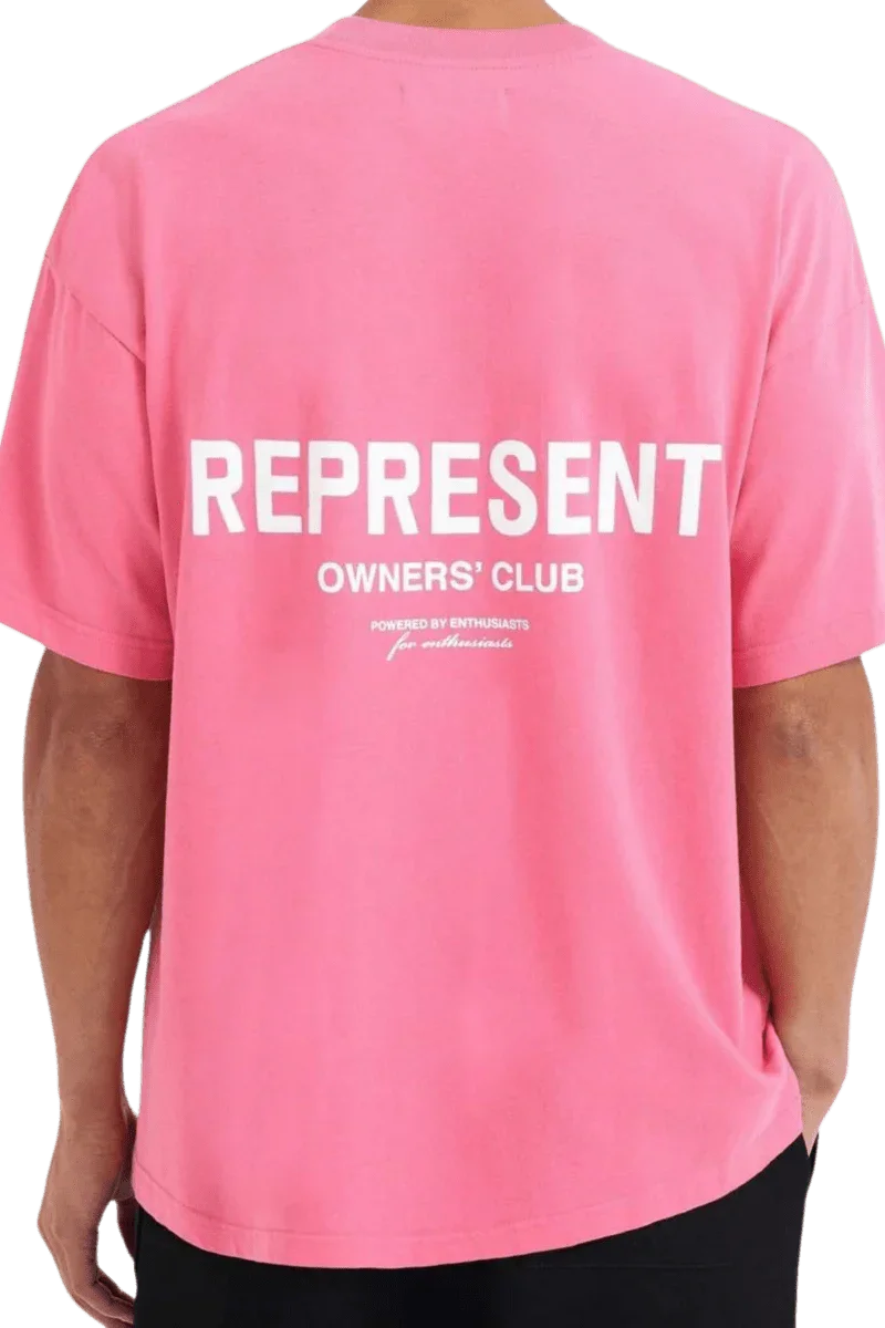 Pink Represent Owners Club T-Shirt featuring bold white lettering on the back for a trendy streetwear look