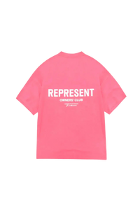 Back view of Represent Owners Club T-Shirt in pink with bold white text